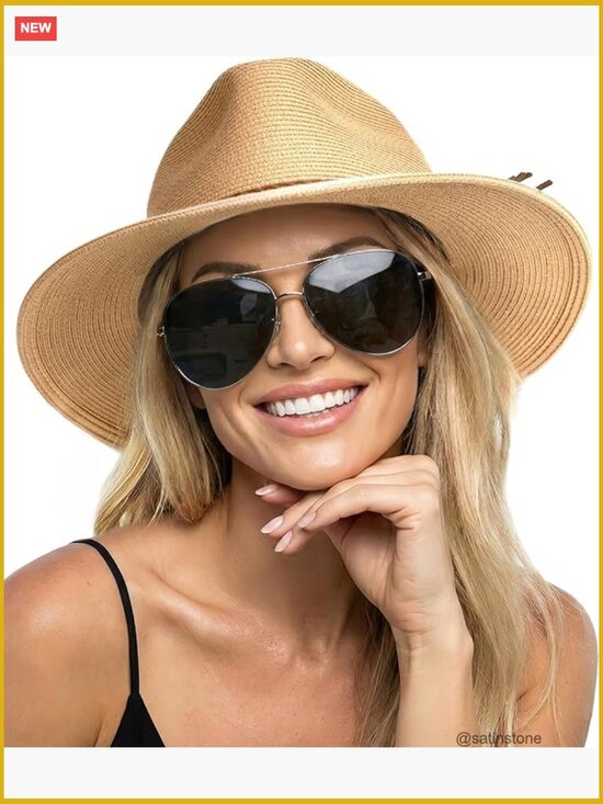 Wide Brim Sun Hat with UV UPF 50+ Panama Fedora Foldable Packable Straw Beach main image 5